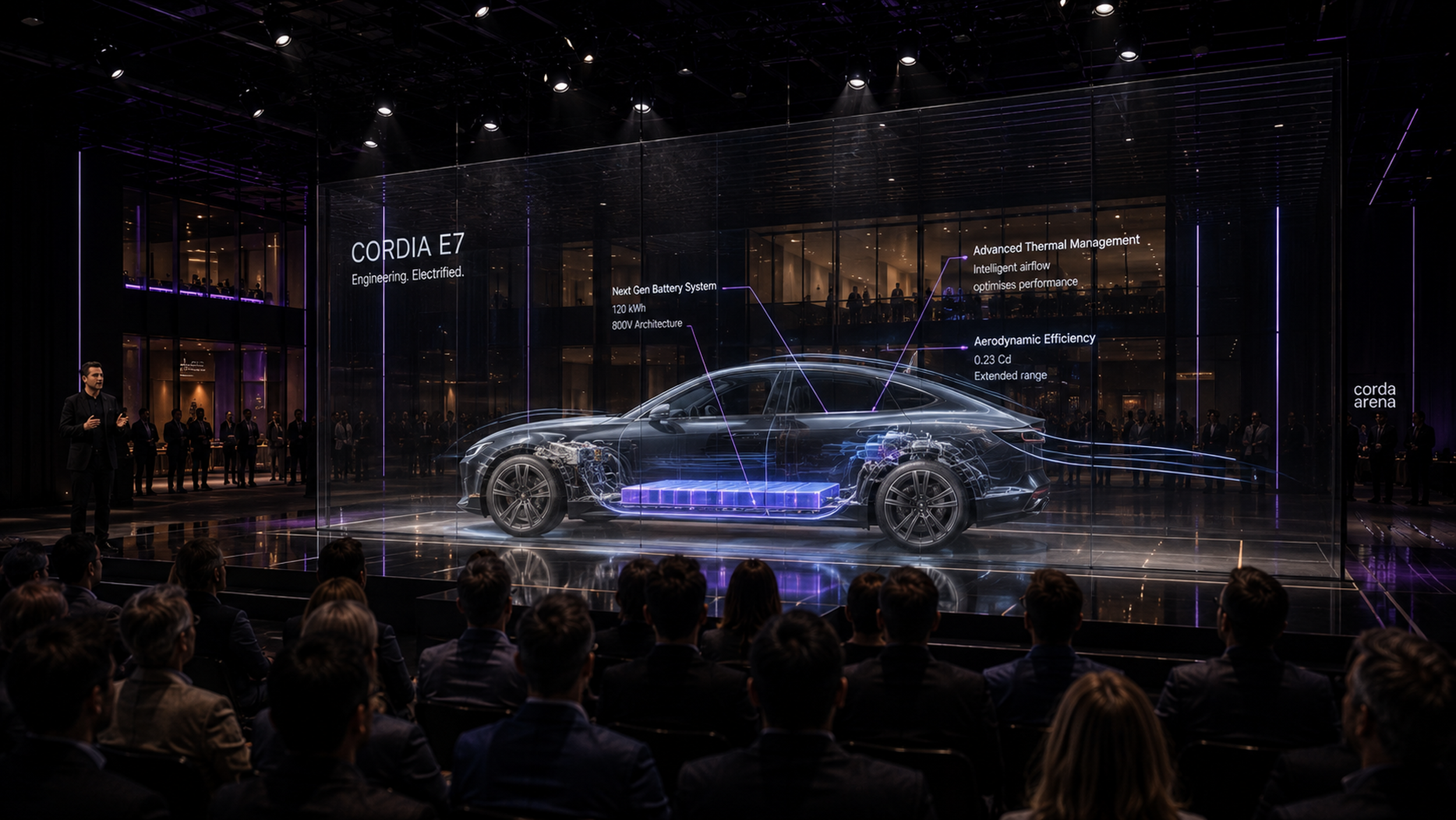 A speaker presents a virtual car model highlighting features like battery system and efficiency to an audience in a sleek, modern venue.