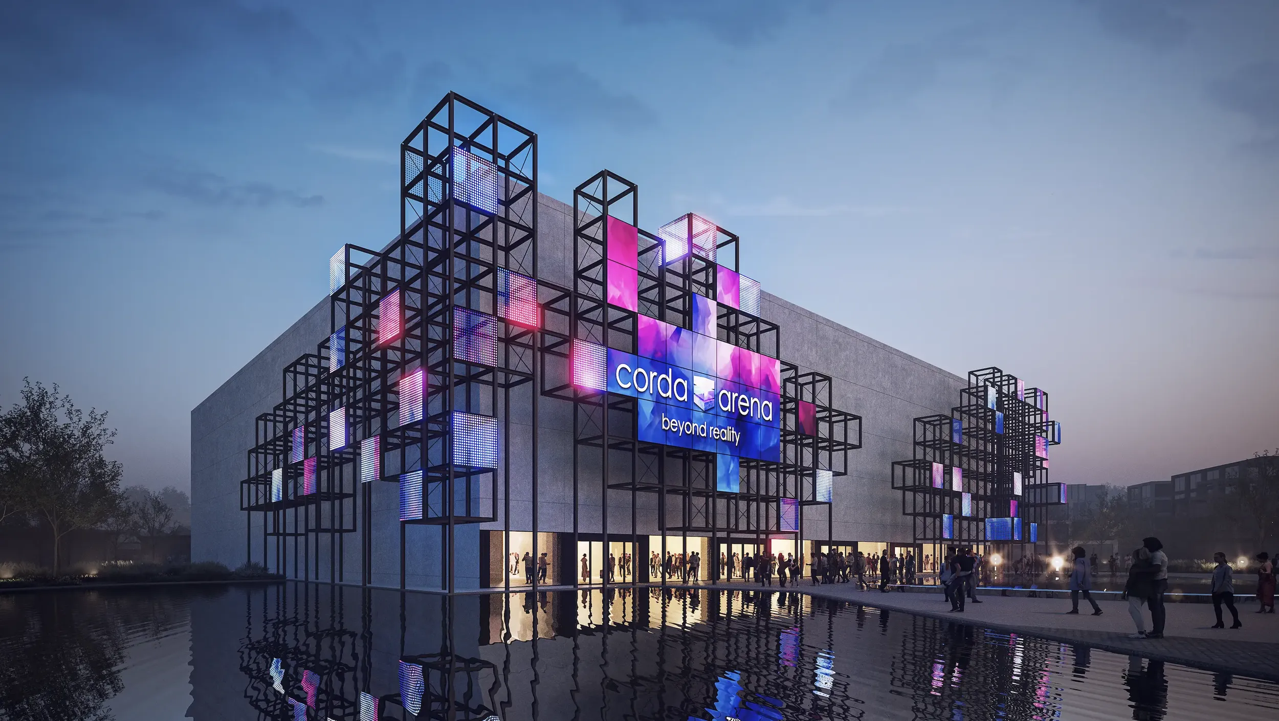 Corda Arena, a modern building with illuminated geometric structures, labeled "Corda Arena," at dusk. Reflections shimmer in the adjacent water.