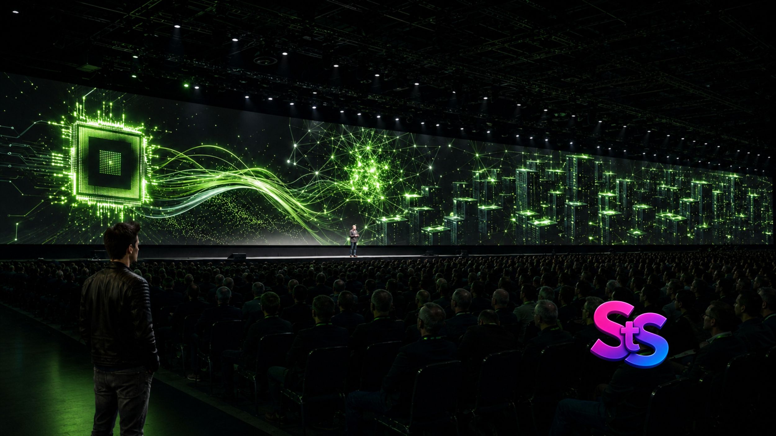 A person in a dark jacket stands before a large audience, watching a presentation with green digital graphics on a massive screen.