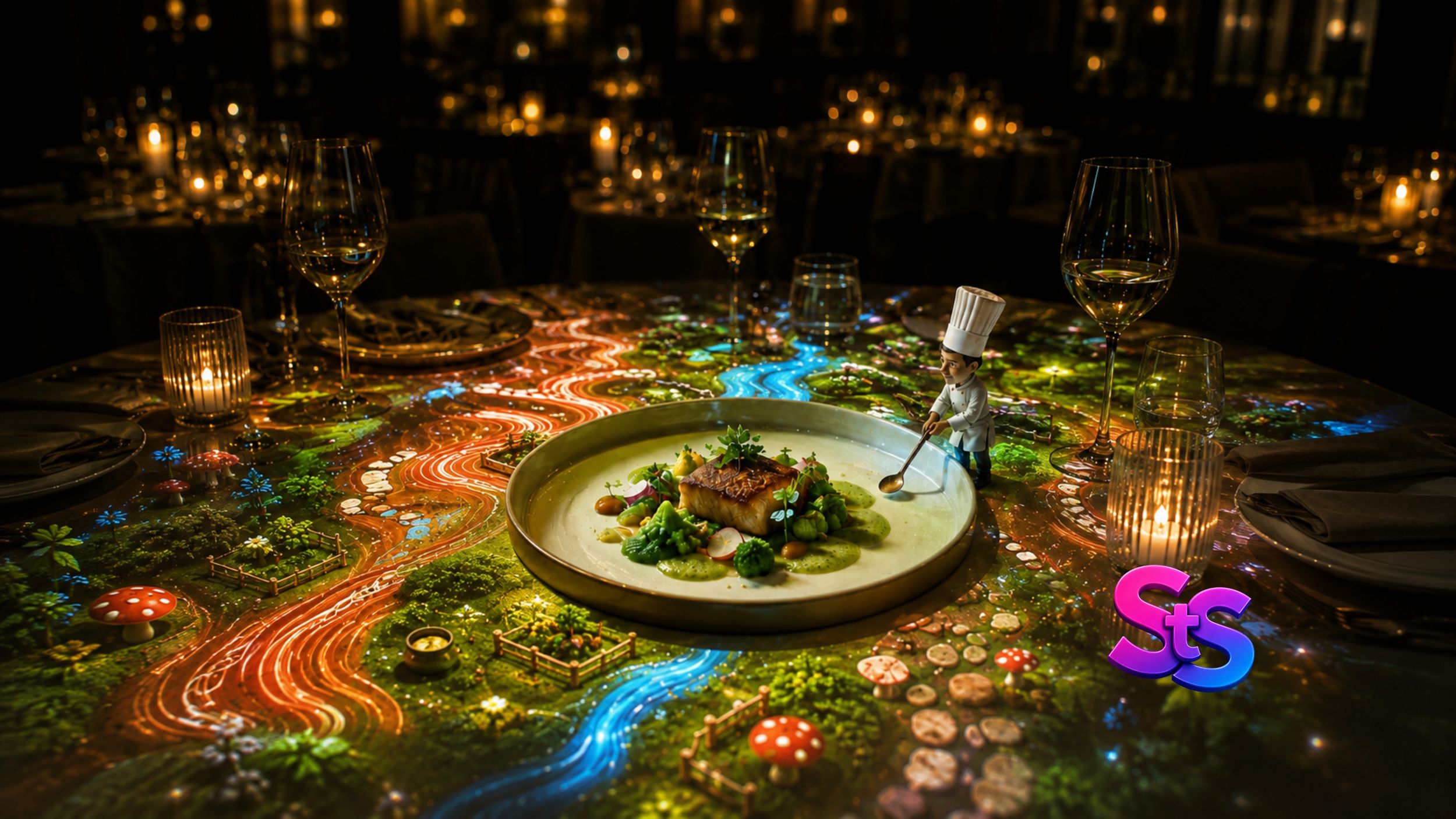 A gourmet dish on a table with colorful animated projections, showing a mini chef figurine beside it. Candlelit ambiance with wine glasses.