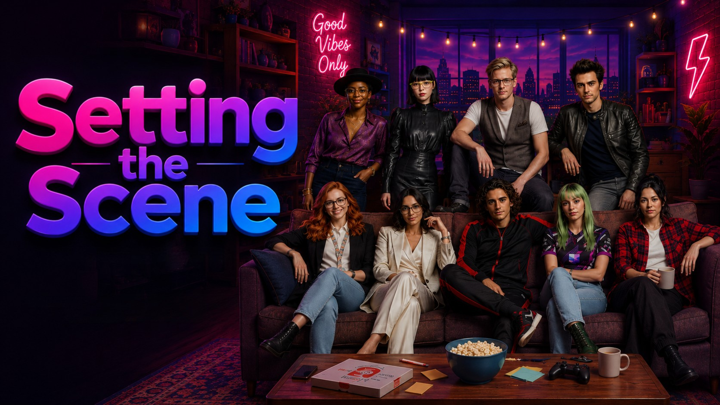 A diverse group of nine people sits and stands in a cozy living room with neon signs and city view; a glowing "Setting the Scene" text is on the left.