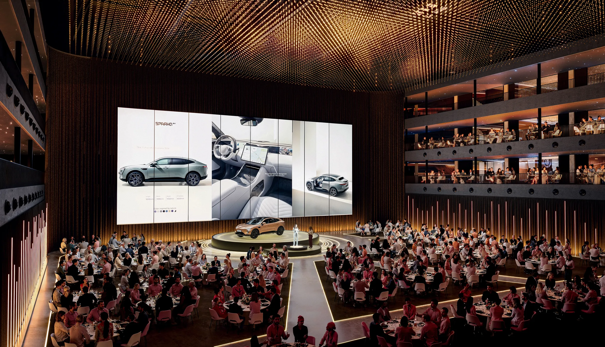 Spacious, modern event space with circular stage, white tables, and vibrant purple lighting, featuring large screens and spiral ceiling design.
