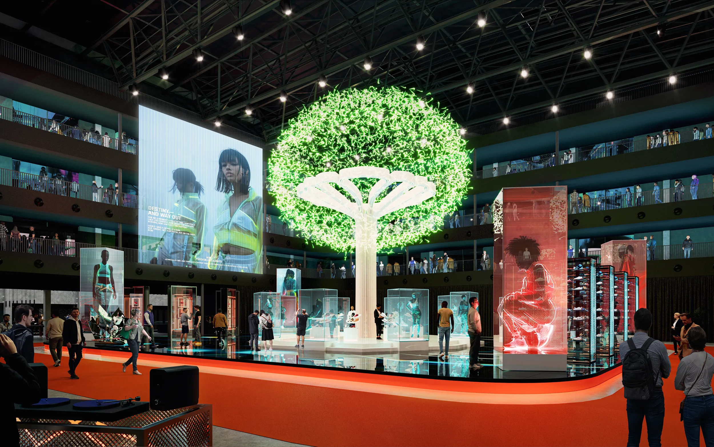 Modern exhibition space with visitors walking around displays and digital installations surrounding a large illuminated holographic tree sculpture at the center.