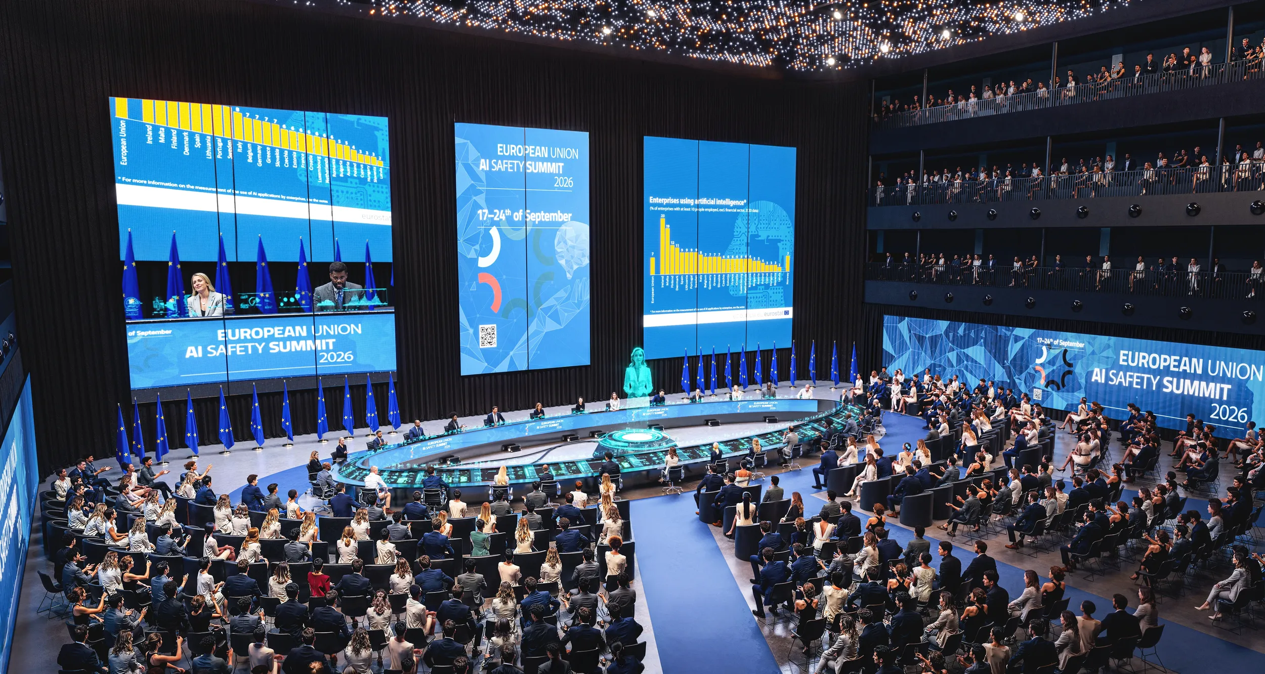 3D render of a large conference in Corda Arena with a central stage, EU flags and multiple LED screens showing ‘European Union AI Safety Summit 2026.