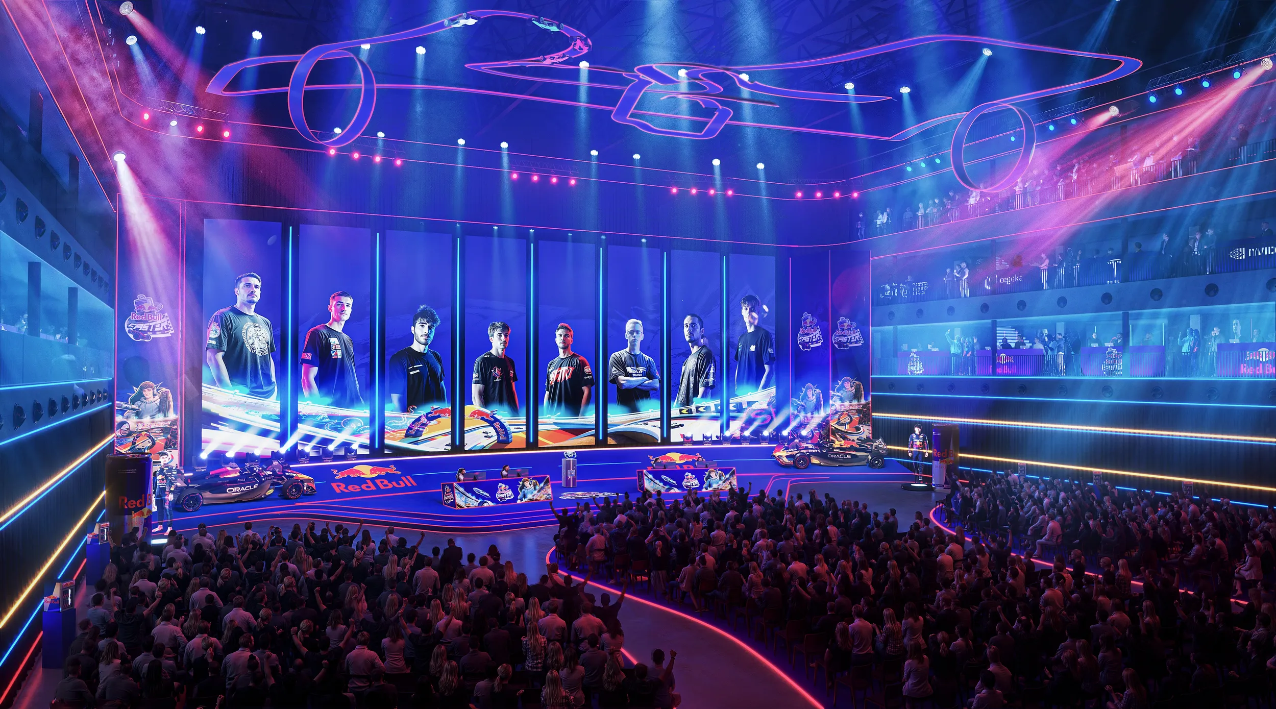 An esports arena with a vibrant stage, large screens displaying players, and an audience watching the event under colorful lighting.