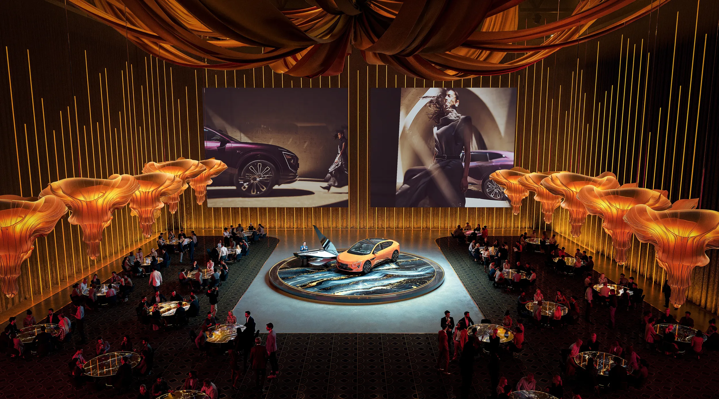 Luxury car reveal event in an elegant hall with a car on a central stage, large screens, and guests seated at tables around the presentation.