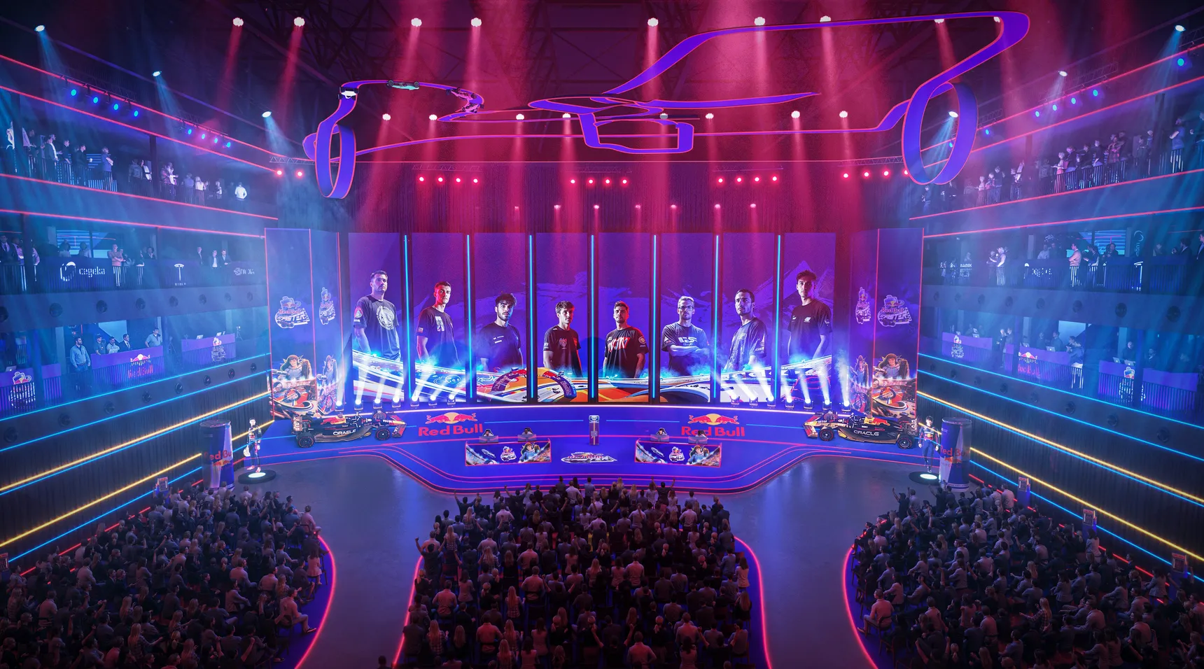An esports arena with a vibrant stage, large screens displaying players, and an audience watching the event under colorful lighting.