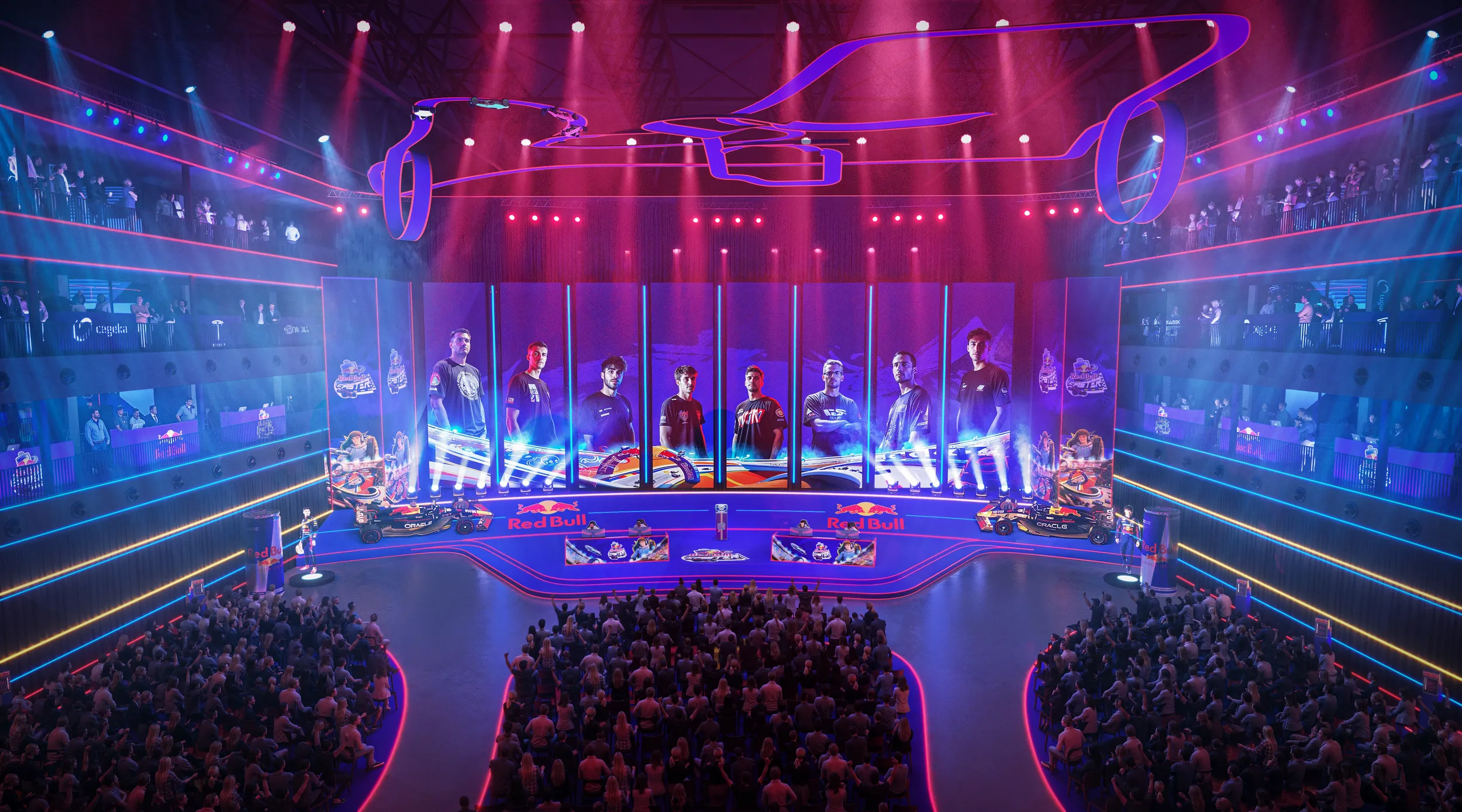 An esports arena with a vibrant stage, large screens displaying players, and an audience watching the event under colorful lighting.