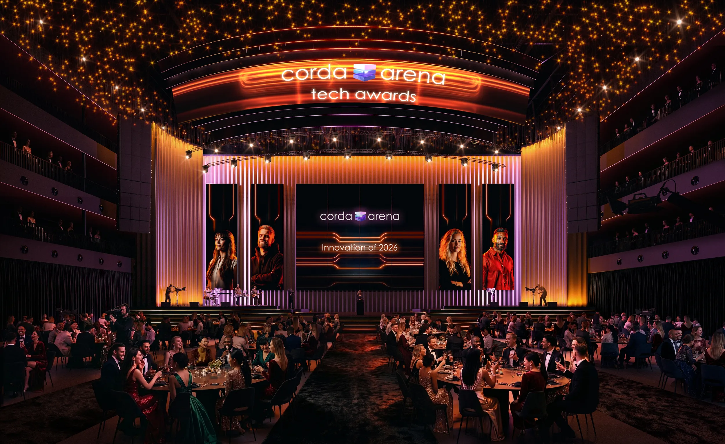 3D render of a gala dinner in Corda Arena with round tables, a main stage and large LED screens showing ‘Corda Arena tech awards.