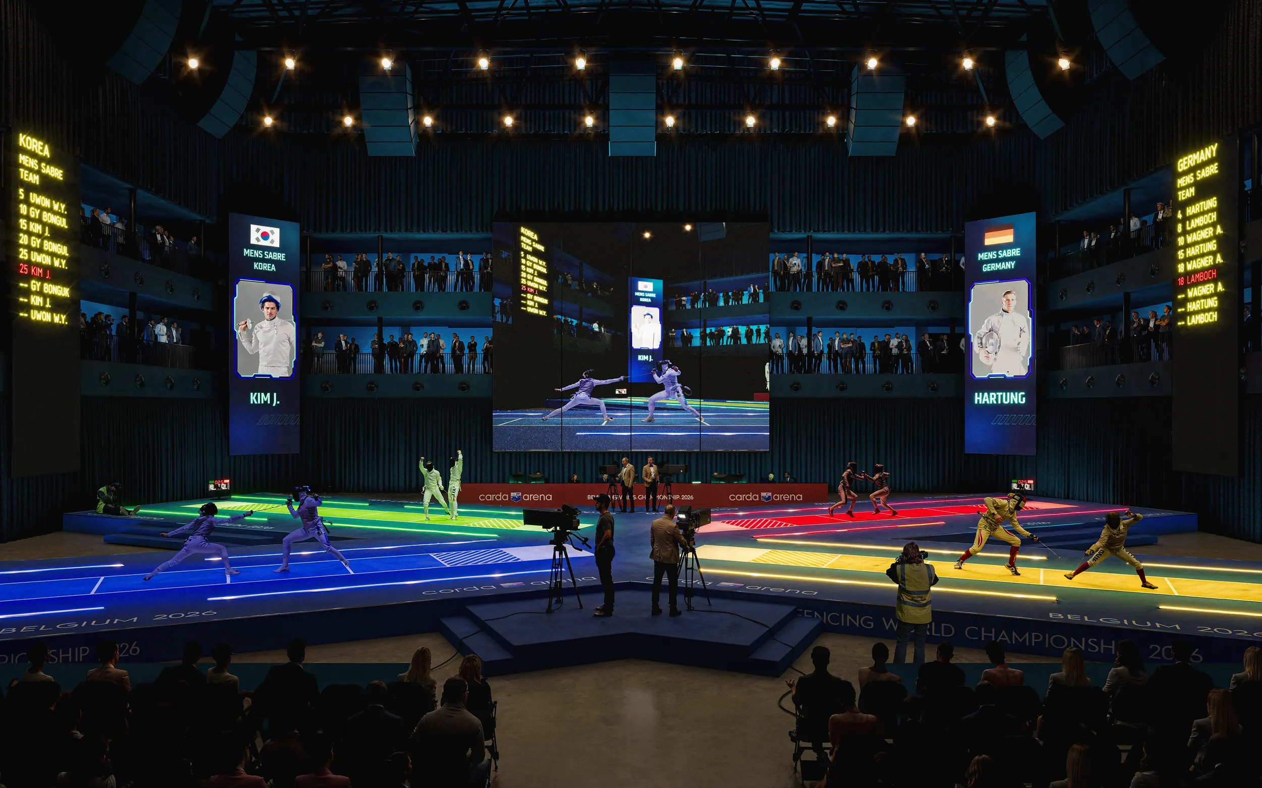 A colorful fencing arena with competitors on separate pistes, three large screens displaying match details, and audience in the dimly lit surroundings.