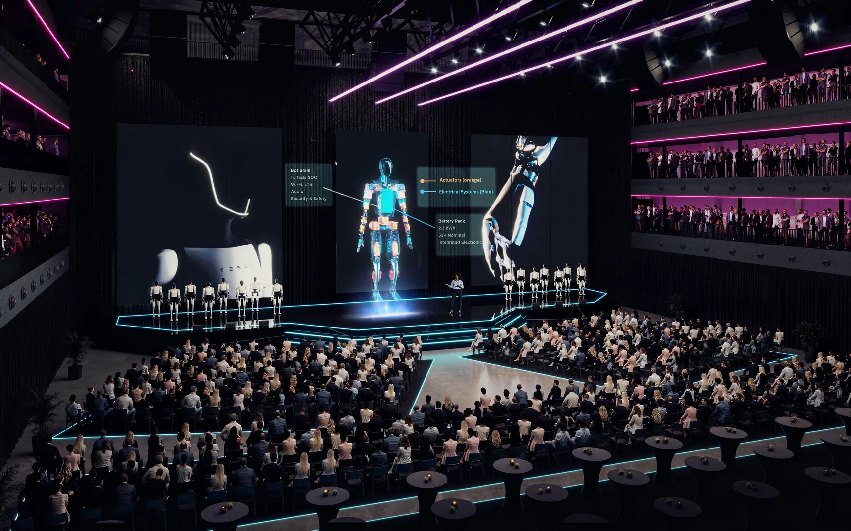 Large tech presentation in a modern arena with a stage, giant screens with information and a hologram of a humanoid robot next to some real humanoid robots, and a seated audience watching the keynote.