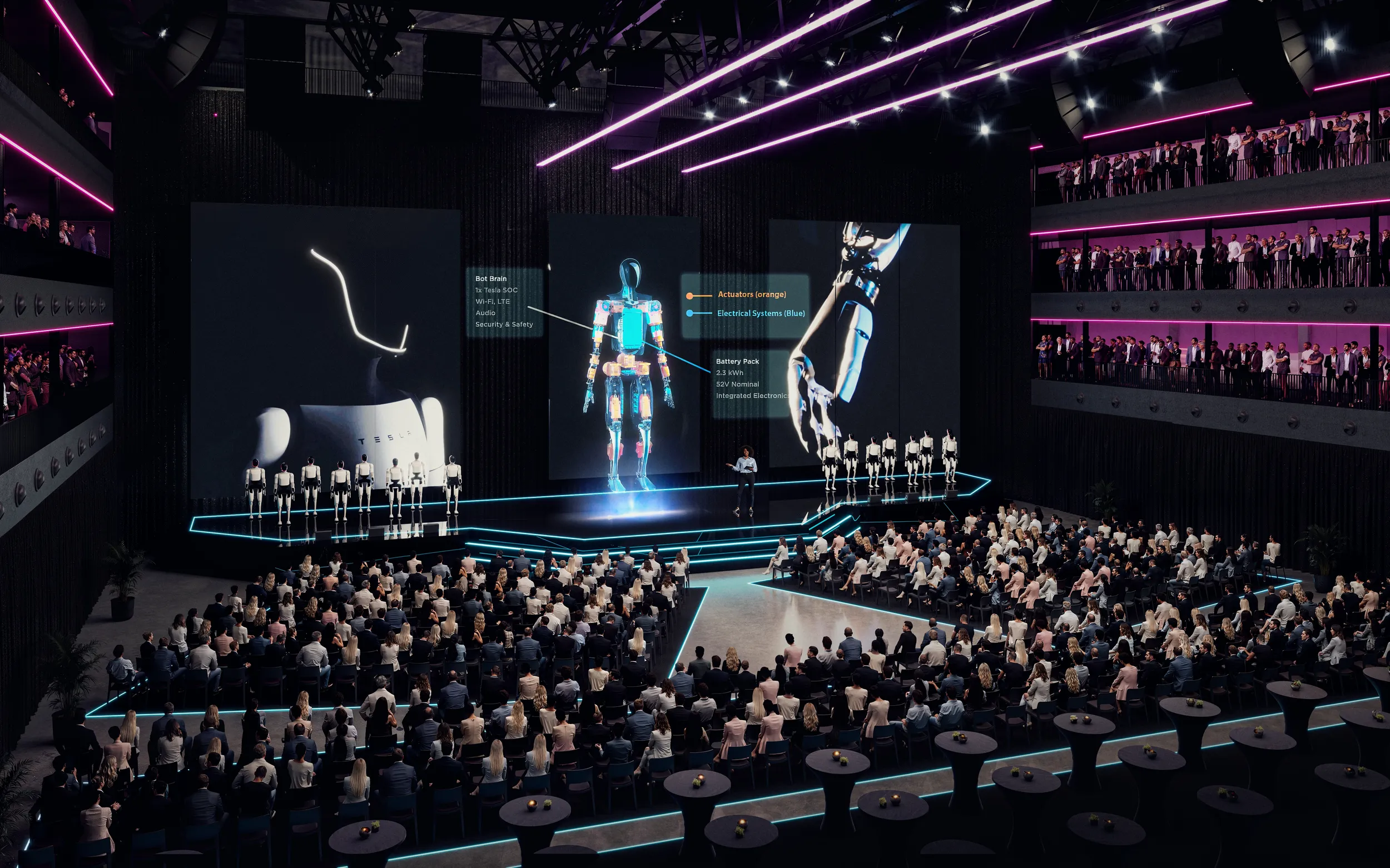 Large tech presentation in a modern arena with a stage, giant screens with information and a hologram of a humanoid robot next to some real humanoid robots, and a seated audience watching the keynote.