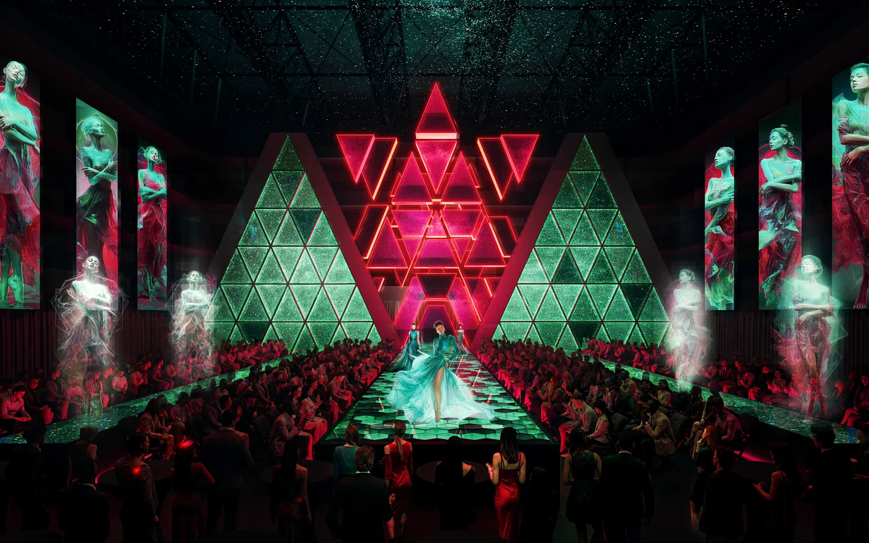 A futuristic stage with a performer in a dress, surrounded by holographic figures and neon-lit geometric patterns, captivates an audience.
