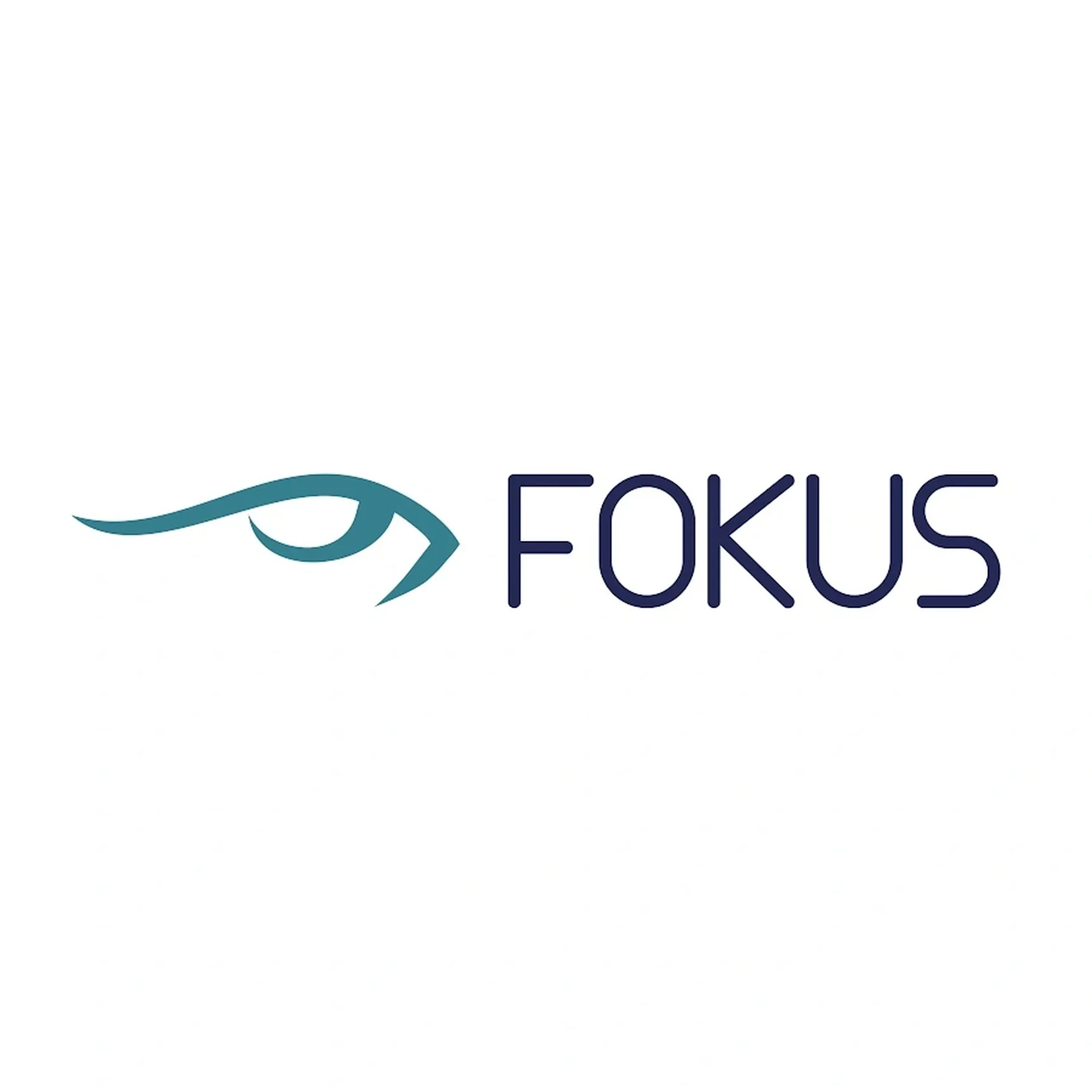Stylized blue-green eye logo next to the word "FOKUS" in blue, on a white background.