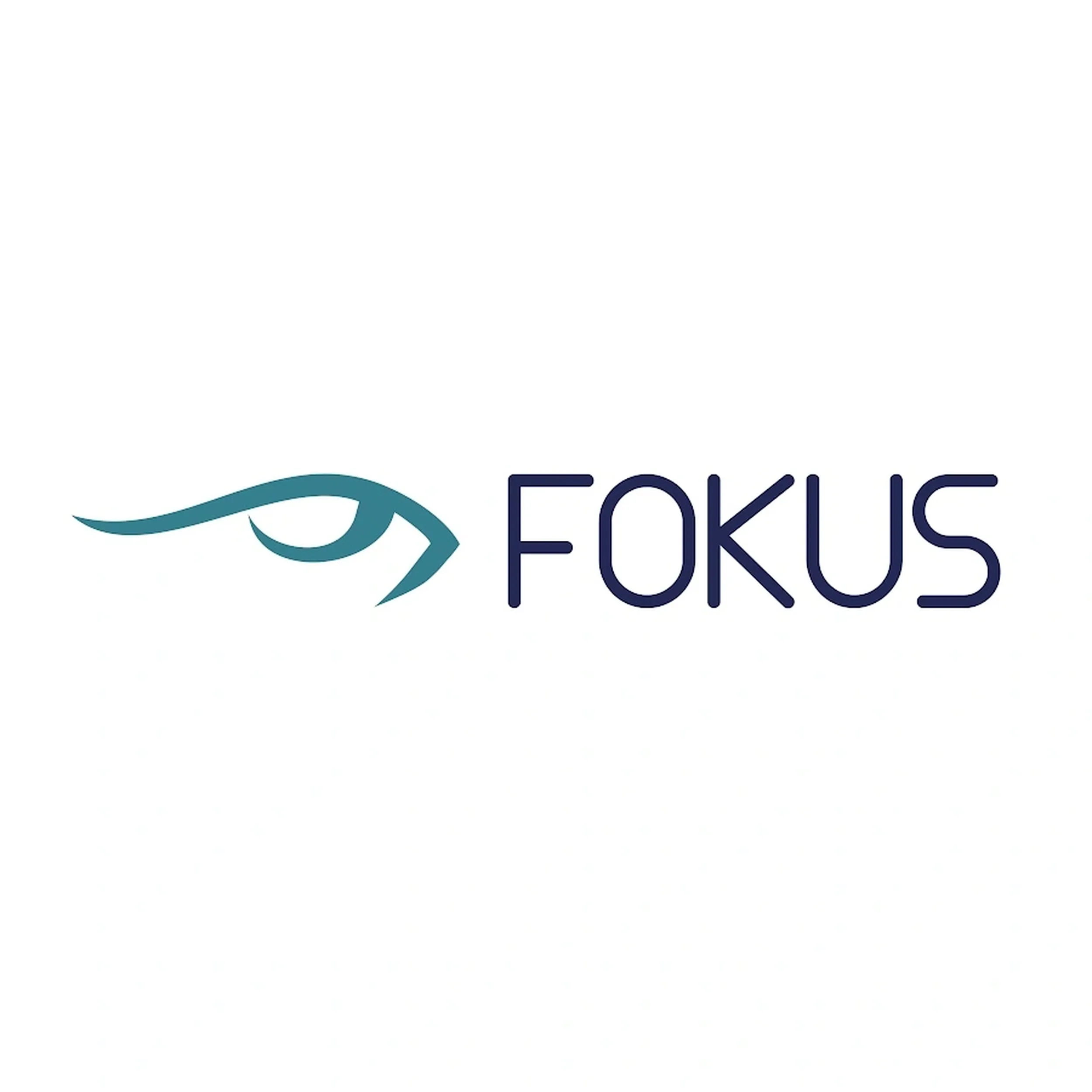 Stylized blue-green eye logo next to the word "FOKUS" in blue, on a white background.