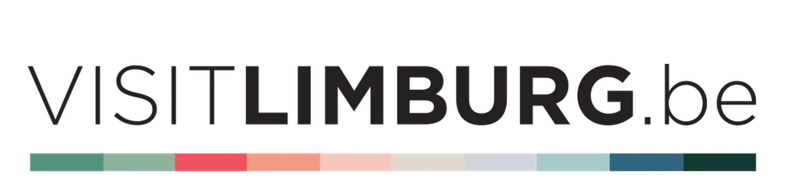 Logo of VisitLimburg with black text and a horizontal strip of color blocks in red, peach, light blue, and gray shades below.