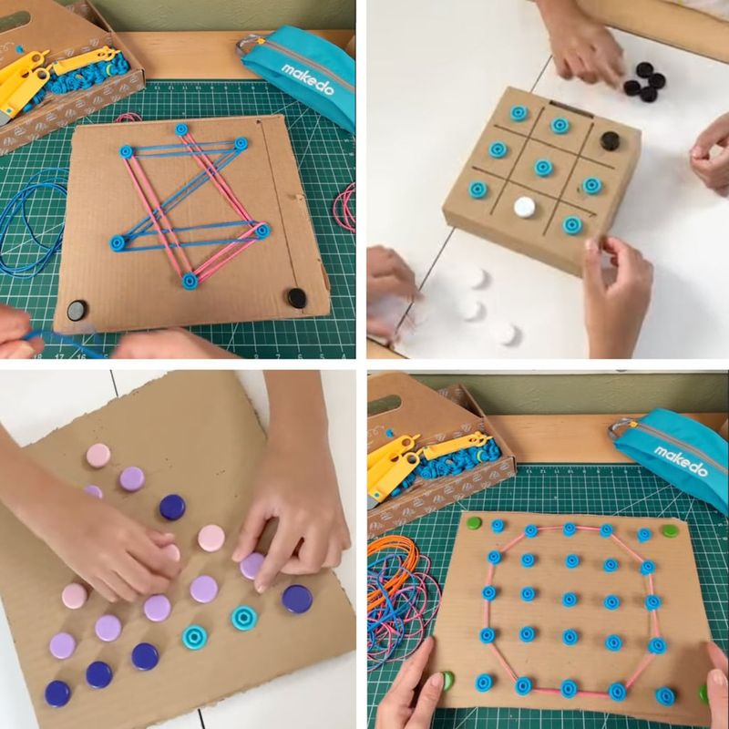 Collage of four different quick activity games made using cardboard and Makedo Scrus.