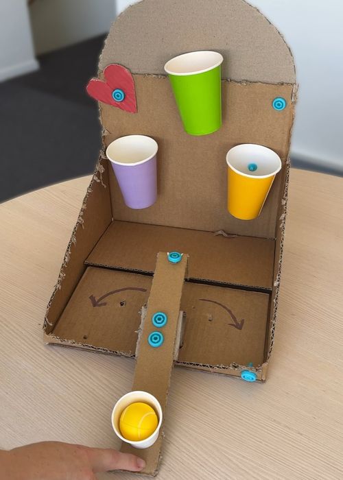 Cardboard Makedo catapult arcade game ready to launch