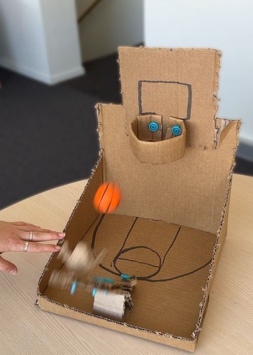 Cardboard Makedo table-top catapult basketball arcade game