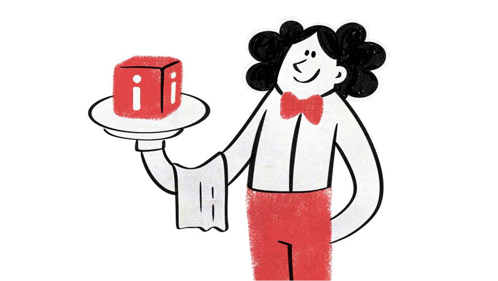 Cartoon-Kellner mit lockigem Haar, der ein Tablett mit einem roten Würfel hält, der mit „i“ markiert ist, und eine rote Fliege sowie eine rote Hose trägt, vor einem schwarz-weißen Hintergrund.