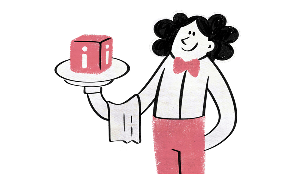Cartoon-Kellner mit lockigem Haar hält ein Tablett mit einem roten Würfel, der mit „i“ markiert ist, trägt eine Fliege und eine Schürze und lächelt fröhlich.