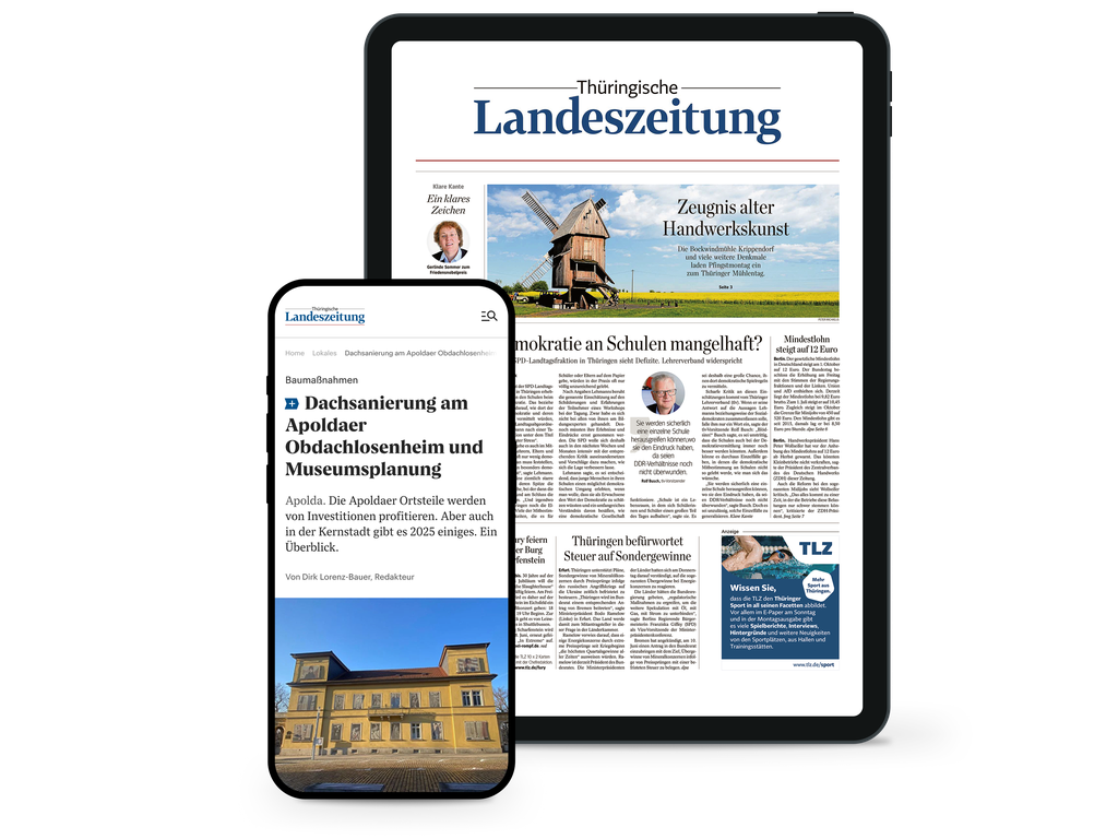 Tablet und Smartphone zeigen die Titelseite der „Thüringische Landeszeitung".