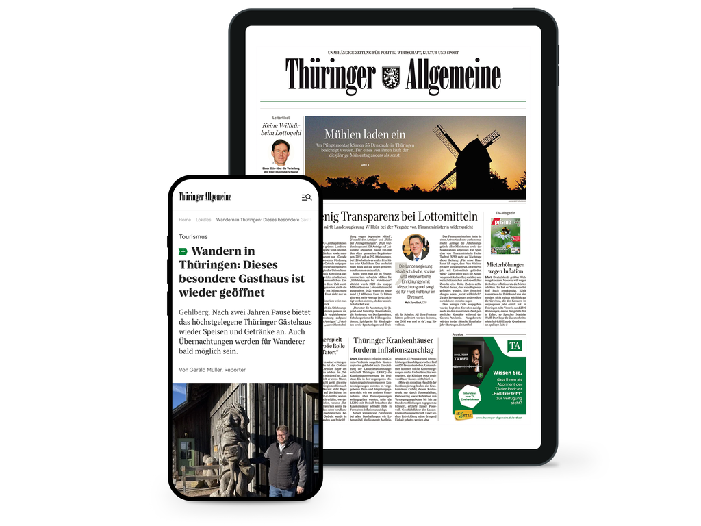 Tablet und Smartphone zeigen die Titelseite der „Thüringer Allgemeine".