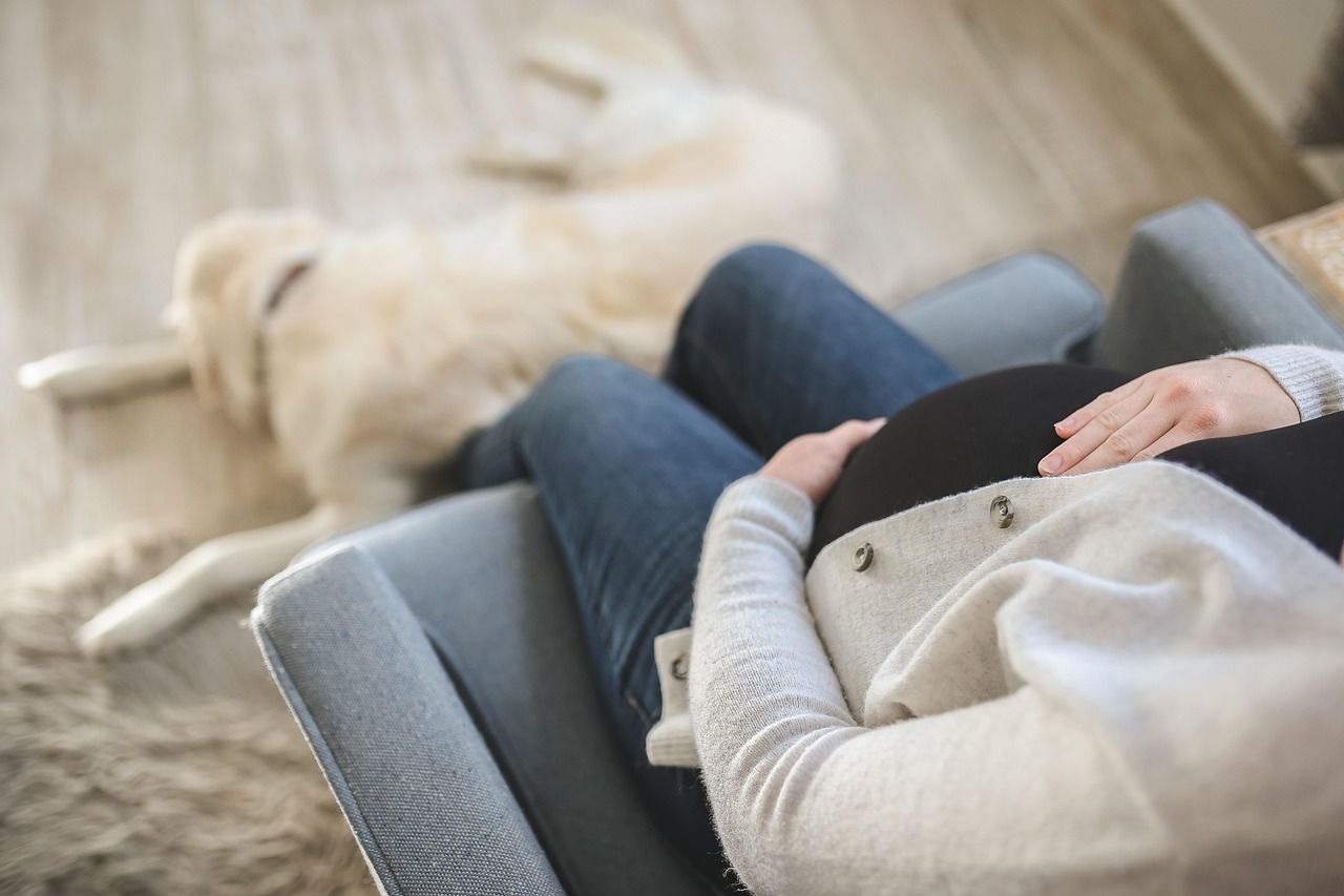 pregnant women with dog at her feet