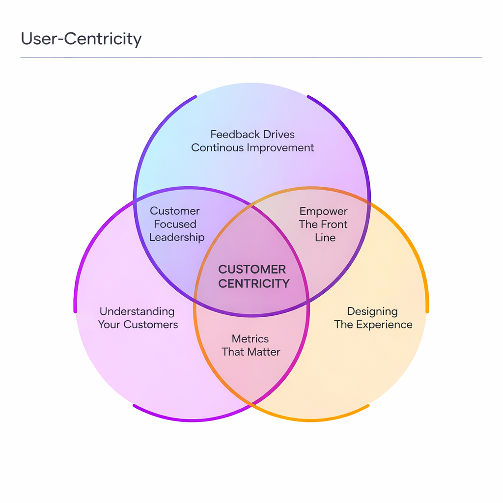 Venn diagram illustrating "Customer Centricity" with areas: Feedback, Empowerment, Experience Design, Leadership, Customer Understanding, Metrics.