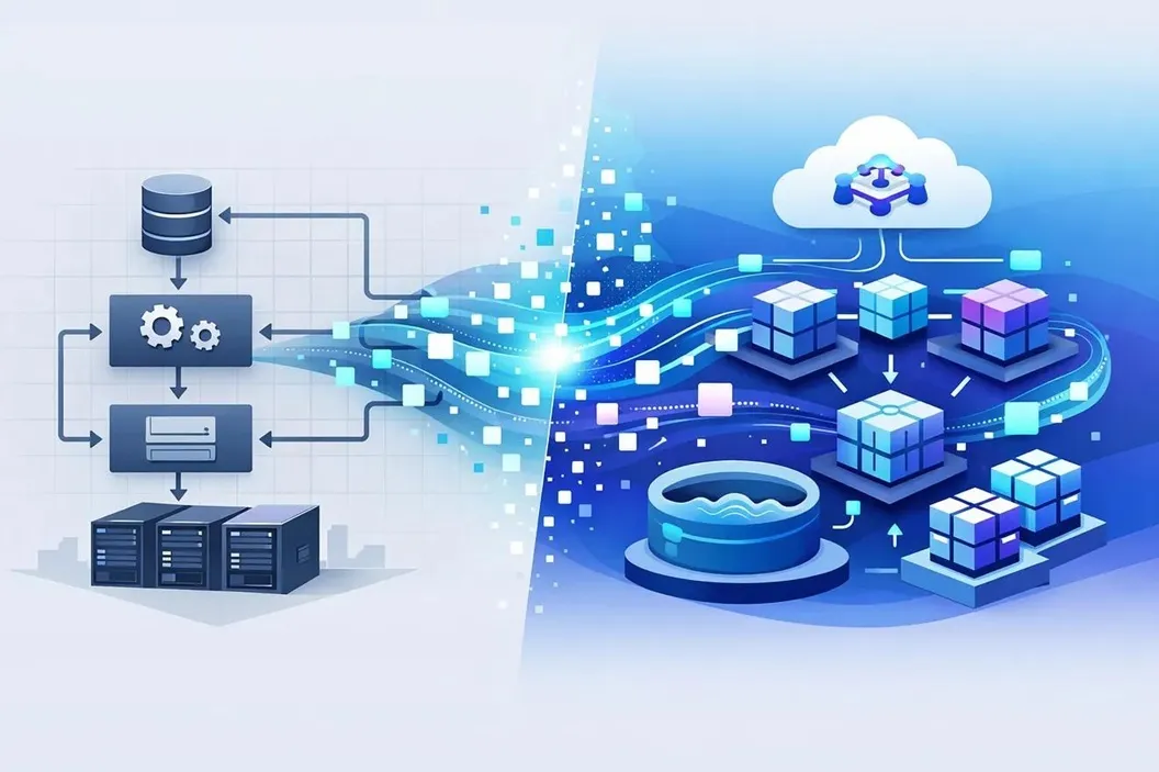 Illustration of a cloud computing concept showing data flow from traditional servers to a cloud-based system with interconnected cubes.