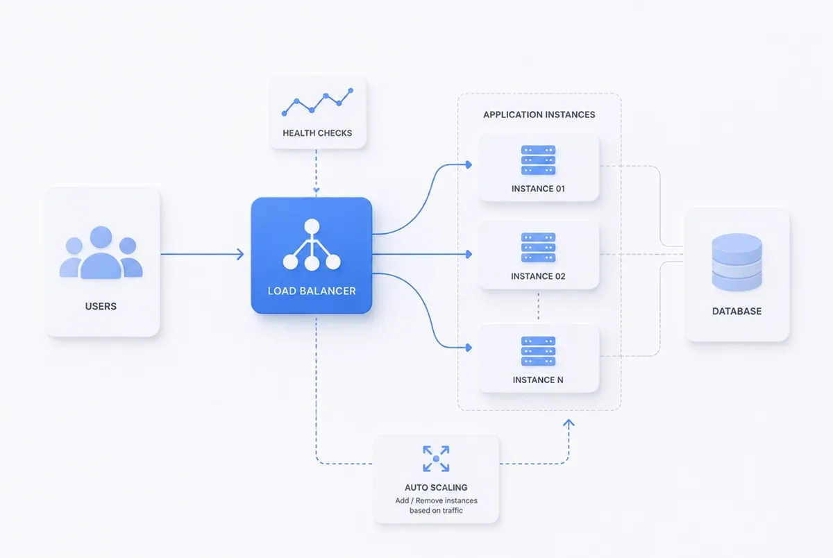 Diagram showing load balancer distributing user requests to multiple application instances, with health checks, auto-scaling, and a database.
