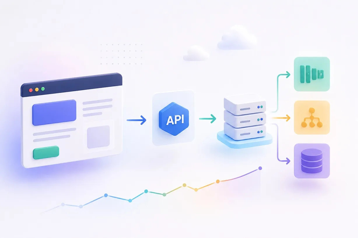 Diagram illustrating data flow: webpage to API to server, branching to charts, tree diagrams, and databases, with a rising graph line below.