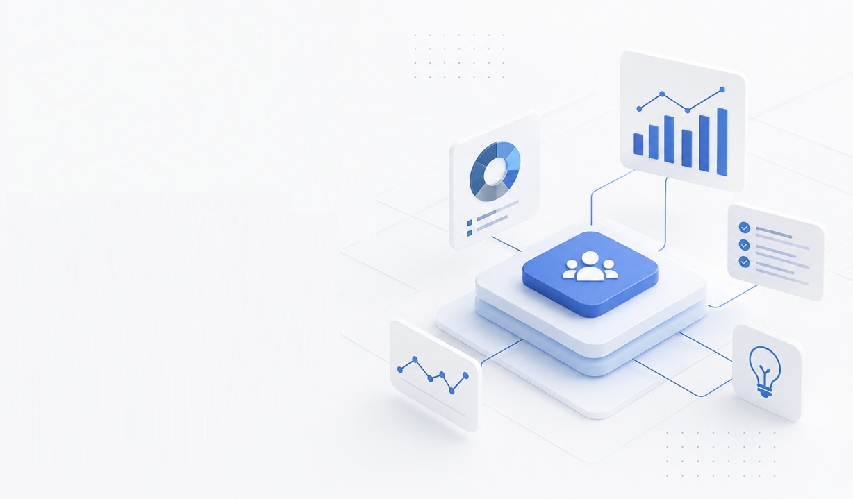 3D illustration of a central blue icon with people, surrounded by graphs, charts, and icons on a white background, representing data analysis.