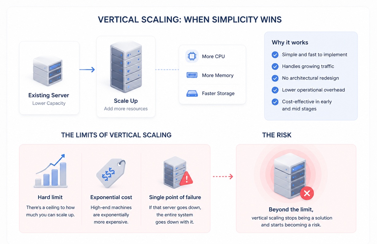 Minimalistic enterprise-style illustration explaining vertical scaling in system architecture. The top section shows a transition from an existing server with lower capacity to an upgraded server with increased resources, representing scaling up by adding more CPU, memory, and storage. Supporting icons highlight resource expansion and improved performance.  On the right, a structured panel outlines the advantages of vertical scaling, including simplicity, fast implementation, ability to handle growing traffic, no need for architectural redesign, and lower operational overhead in early and mid-stage products.  The bottom section visualizes the limitations of vertical scaling, including a hard capacity limit, exponentially increasing infrastructure costs, and the risk of a single point of failure. The final visual emphasizes risk, showing a single server as a critical dependency that can cause total system downtime if it fails. The design uses soft blue tones, subtle shadows, and clean layout typical of modern enterprise diagrams.