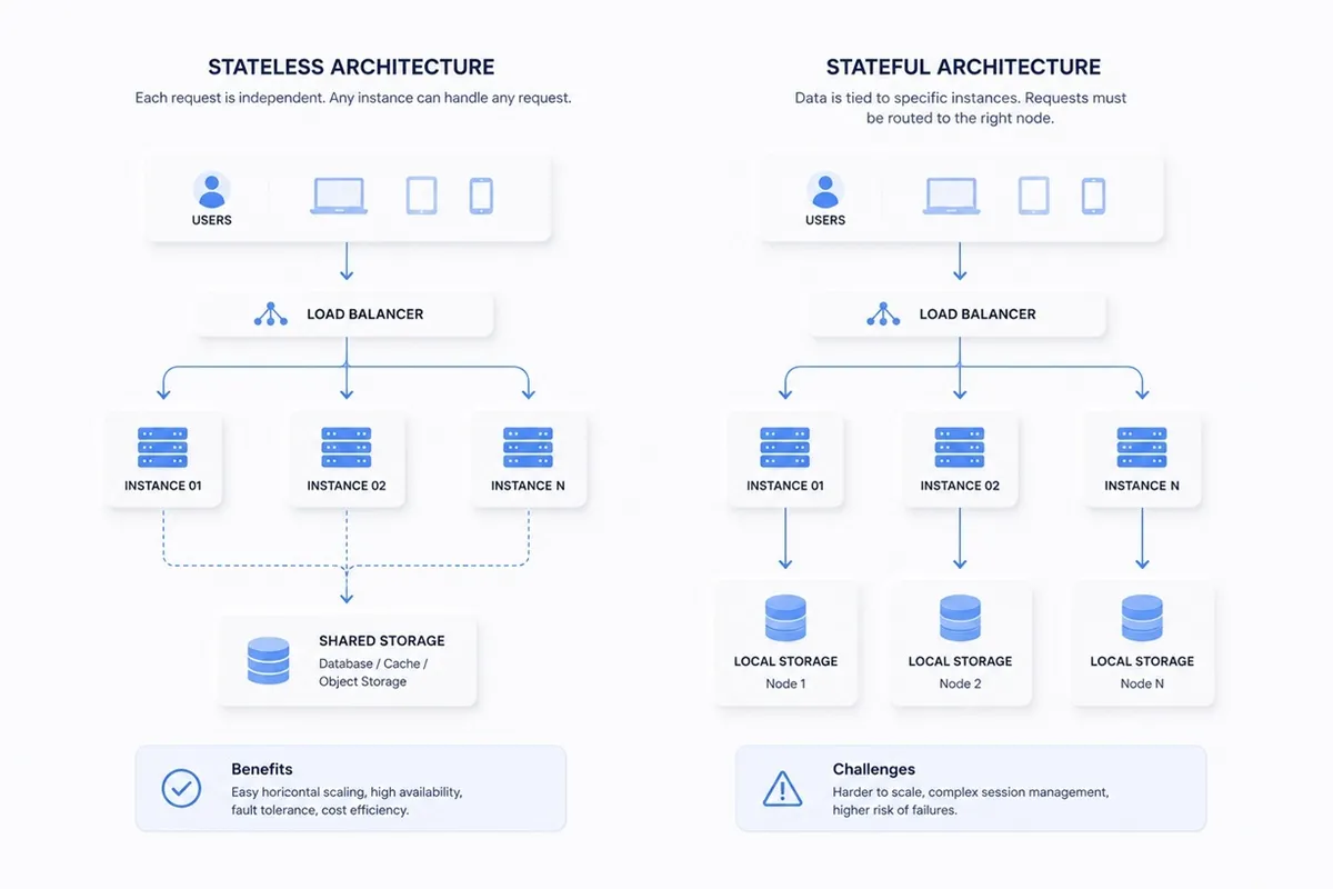 Diagram comparing stateless and stateful architectures, showing user requests through load balancers to instances and storage types.