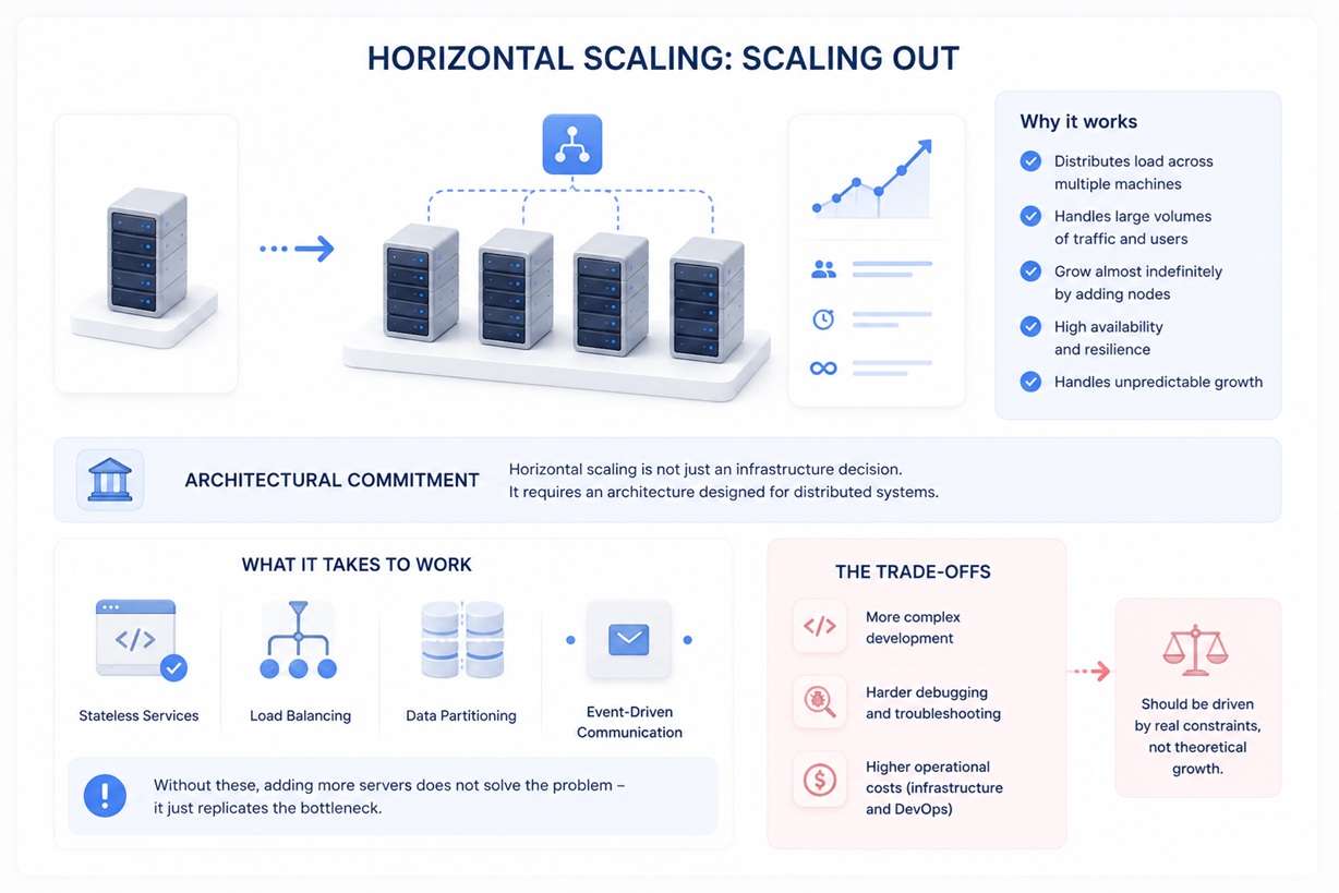 Detailed infographic illustrating horizontal scaling (scaling out) in a modern system architecture. The design shows a transition from a single server to multiple server nodes connected through a load balancer, distributing incoming traffic across instances. A section titled “Why it works” highlights key benefits such as load distribution, ability to handle large traffic volumes, near-infinite scalability by adding nodes, high availability, and resilience.  Another section labeled “Architectural commitment” emphasizes that horizontal scaling requires distributed system design. The “What it takes to work” area visually presents core components including stateless services, load balancing, data partitioning, and event-driven communication, indicating prerequisites for effective scaling.  A “Trade-offs” section outlines increased complexity, harder debugging, and higher operational and infrastructure costs. The infographic uses clean enterprise-style visuals with soft gradients, rounded cards, 3D server icons, and structured layout to clearly communicate both the benefits and challenges of horizontal scaling.