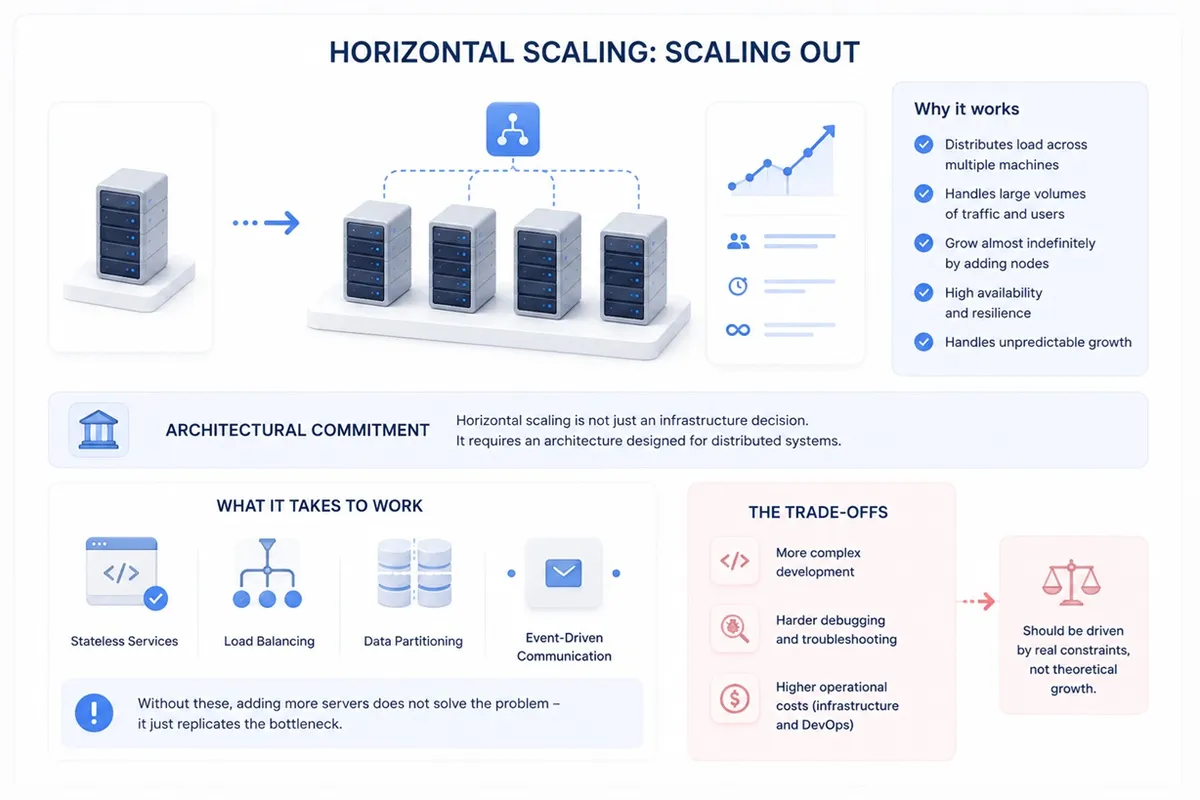 Detailed infographic illustrating horizontal scaling (scaling out) in a modern system architecture. The design shows a transition from a single server to multiple server nodes connected through a load balancer, distributing incoming traffic across instances. A section titled “Why it works” highlights key benefits such as load distribution, ability to handle large traffic volumes, near-infinite scalability by adding nodes, high availability, and resilience.  Another section labeled “Architectural commitment” emphasizes that horizontal scaling requires distributed system design. The “What it takes to work” area visually presents core components including stateless services, load balancing, data partitioning, and event-driven communication, indicating prerequisites for effective scaling.  A “Trade-offs” section outlines increased complexity, harder debugging, and higher operational and infrastructure costs. The infographic uses clean enterprise-style visuals with soft gradients, rounded cards, 3D server icons, and structured layout to clearly communicate both the benefits and challenges of horizontal scaling.