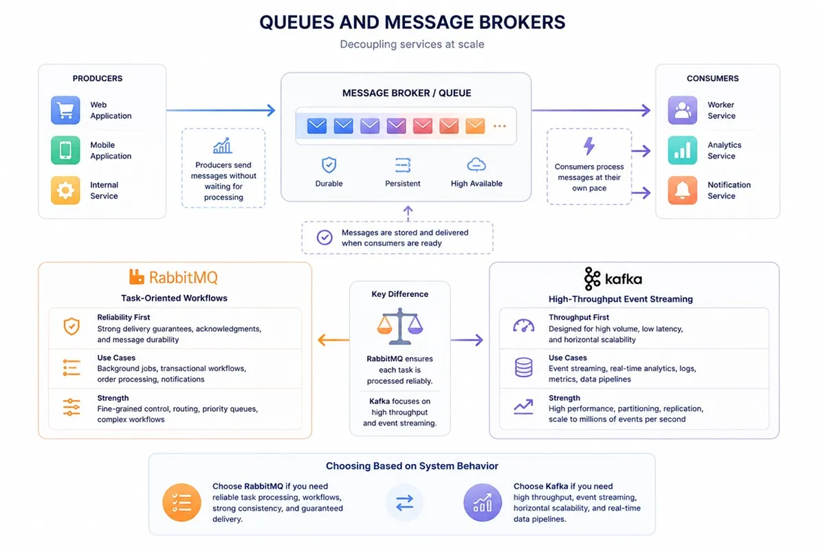 Flowchart illustrating queues and message brokers with RabbitMQ and Kafka. It shows producers, message broker features, and consumers.