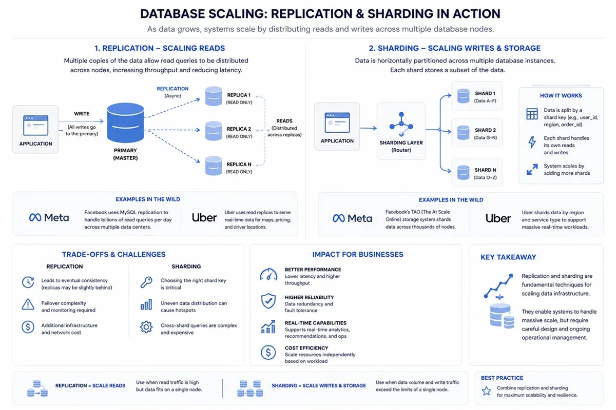 Database scaling diagram illustrating replication and sharding in a high load system architecture. The left side shows a primary database node receiving all write operations, with multiple read replicas asynchronously replicating data to handle distributed read queries and reduce latency. Arrows indicate read traffic being balanced across replicas, demonstrating improved throughput for read-heavy workloads.  The right side shows a sharded database architecture where incoming requests are routed through an application layer and a sharding router, which distributes data across multiple database shards based on a shard key. Each shard stores a subset of the dataset and independently handles both read and write operations, enabling horizontal scaling beyond the limits of a single database instance.  The diagram also references real-world implementations, with Facebook using large-scale replication for read-heavy systems and Uber applying sharding strategies to manage geographically distributed, high-volume transactional data.  Additional visual sections highlight architectural trade-offs, including eventual consistency in replicated systems due to replication lag, and the risk of uneven data distribution and performance hotspots in poorly designed sharding strategies. The illustration emphasizes business impact by showing how these techniques improve performance, increase reliability through redundancy, enable real-time processing, and optimize infrastructure costs while introducing operational complexity.