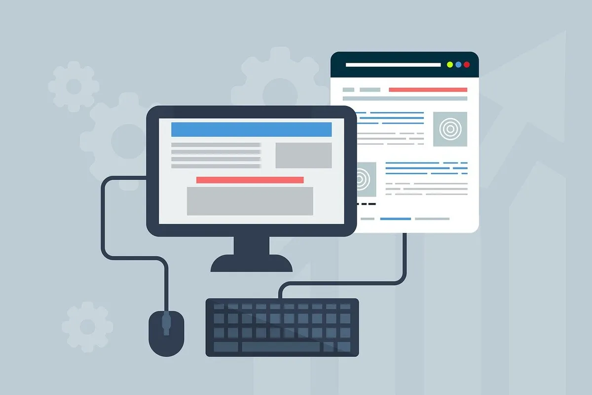 Illustration of a computer setup with a monitor displaying web pages, a keyboard, and a mouse, symbolizing Graphical User Interface