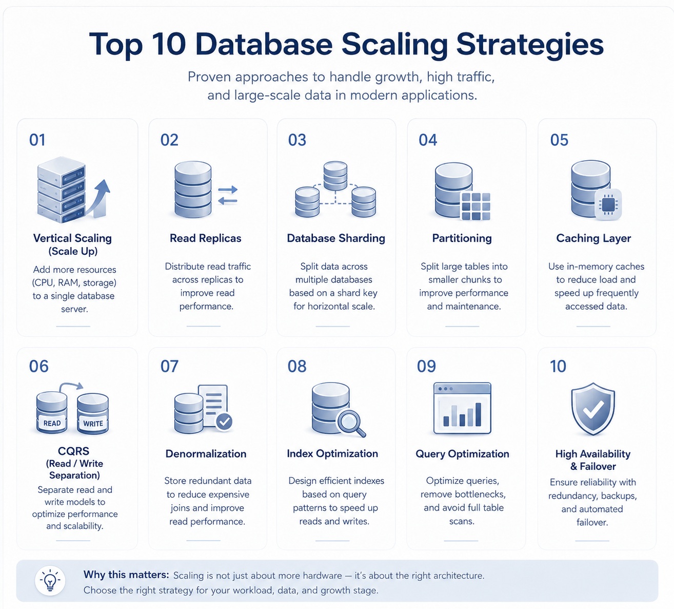 Infographic titled "Top 10 Database Scaling Strategies" featuring strategies like Vertical Scaling, Read Replicas, Database Sharding, and more.