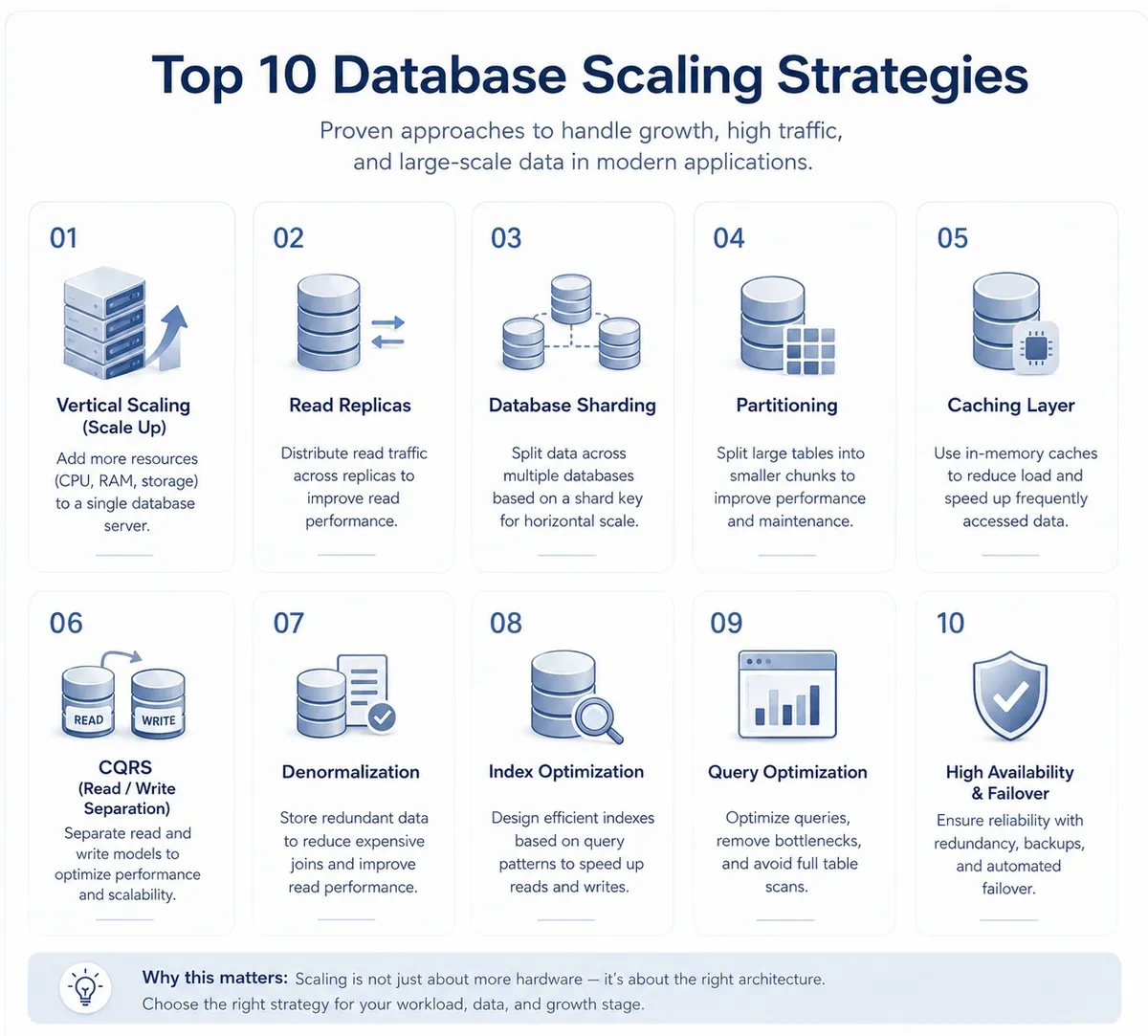 Infographic titled "Top 10 Database Scaling Strategies" featuring strategies like Vertical Scaling, Read Replicas, Database Sharding, and more.