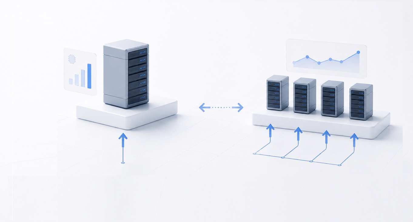 Vertical vs Horizontal Scaling What Actually Works in Real Projects Minimalistic 3D illustration showing the concept of vertical vs horizontal scaling in system architecture. On the left, a single large server sits on a platform, representing vertical scaling with increased capacity on one machine. On the right, multiple smaller servers are distributed across a platform, representing horizontal scaling with load shared across several instances. Arrows indicate traffic distribution and scaling direction, while subtle charts in the background suggest performance monitoring and growth. The design uses a clean, enterprise-style layout with soft blue accents and a light background.