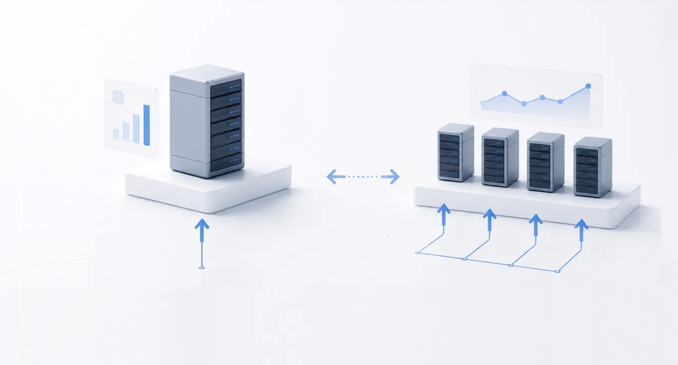 Minimalistic 3D illustration showing the concept of vertical vs horizontal scaling in system architecture. On the left, a single large server sits on a platform, representing vertical scaling with increased capacity on one machine. On the right, multiple smaller servers are distributed across a platform, representing horizontal scaling with load shared across several instances. Arrows indicate traffic distribution and scaling direction, while subtle charts in the background suggest performance monitoring and growth. The design uses a clean, enterprise-style layout with soft blue accents and a light background.