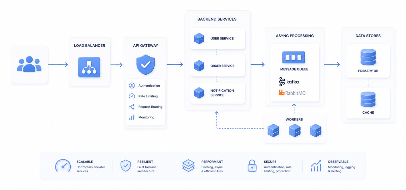 Minimalistic enterprise-style infographic illustrating a high load backend architecture. The diagram shows user requests entering through a load balancer and API gateway with authentication and rate limiting, then being routed to multiple backend services such as user, order, and notification services. Asynchronous processing is handled through a message queue layer featuring Kafka and RabbitMQ, with worker nodes processing background tasks. Data is stored in primary databases and cache layers. The layout uses clean white backgrounds, soft blue accents, rounded cards, and structured arrows to represent request flow, scalability, and system reliability.