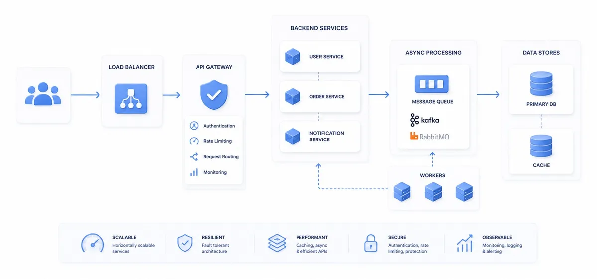 Minimalistic enterprise-style infographic illustrating a high load backend architecture. The diagram shows user requests entering through a load balancer and API gateway with authentication and rate limiting, then being routed to multiple backend services such as user, order, and notification services. Asynchronous processing is handled through a message queue layer featuring Kafka and RabbitMQ, with worker nodes processing background tasks. Data is stored in primary databases and cache layers. The layout uses clean white backgrounds, soft blue accents, rounded cards, and structured arrows to represent request flow, scalability, and system reliability.