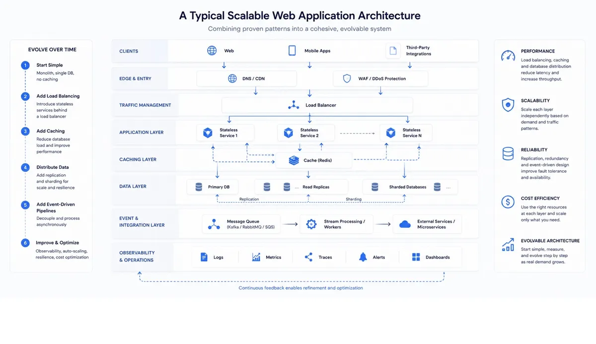 Layered scalable web application architecture diagram showing how multiple system components are combined into a cohesive high load system. The illustration presents a top-down flow starting with client devices (web, mobile, and integrations) connecting through an edge layer that includes DNS, CDN, and security components such as WAF and DDoS protection.  Incoming traffic is routed through a load balancer, which distributes requests across multiple stateless application services, demonstrating horizontal scaling and fault isolation. Beneath the application layer, a caching layer (such as Redis) is shown intercepting requests to reduce database load and improve response times.  The data layer includes a primary database, read replicas for handling distributed read queries, and sharded databases for horizontal data partitioning, illustrating both replication and sharding strategies for scalability. Below that, an event-driven integration layer is depicted with message queues (such as Kafka or RabbitMQ) and background workers, highlighting asynchronous processing and decoupled system communication.  At the bottom, an observability layer includes logs, metrics, traces, alerts, and dashboards, indicating continuous monitoring and feedback loops for system optimization.  A side panel visualizes system evolution over time, starting from a simple monolithic architecture and progressively adding load balancing, caching, distributed data storage, and event-driven components. Additional annotations emphasize key system properties such as performance, scalability, reliability, cost efficiency, and the ability to evolve architecture incrementally as demand grows.  The diagram as a whole illustrates how real-world scalable systems combine multiple architectural patterns into a layered, adaptive infrastructure capable of handling increasing traffic, data volume, and concurrent users while maintaining stability and performance.