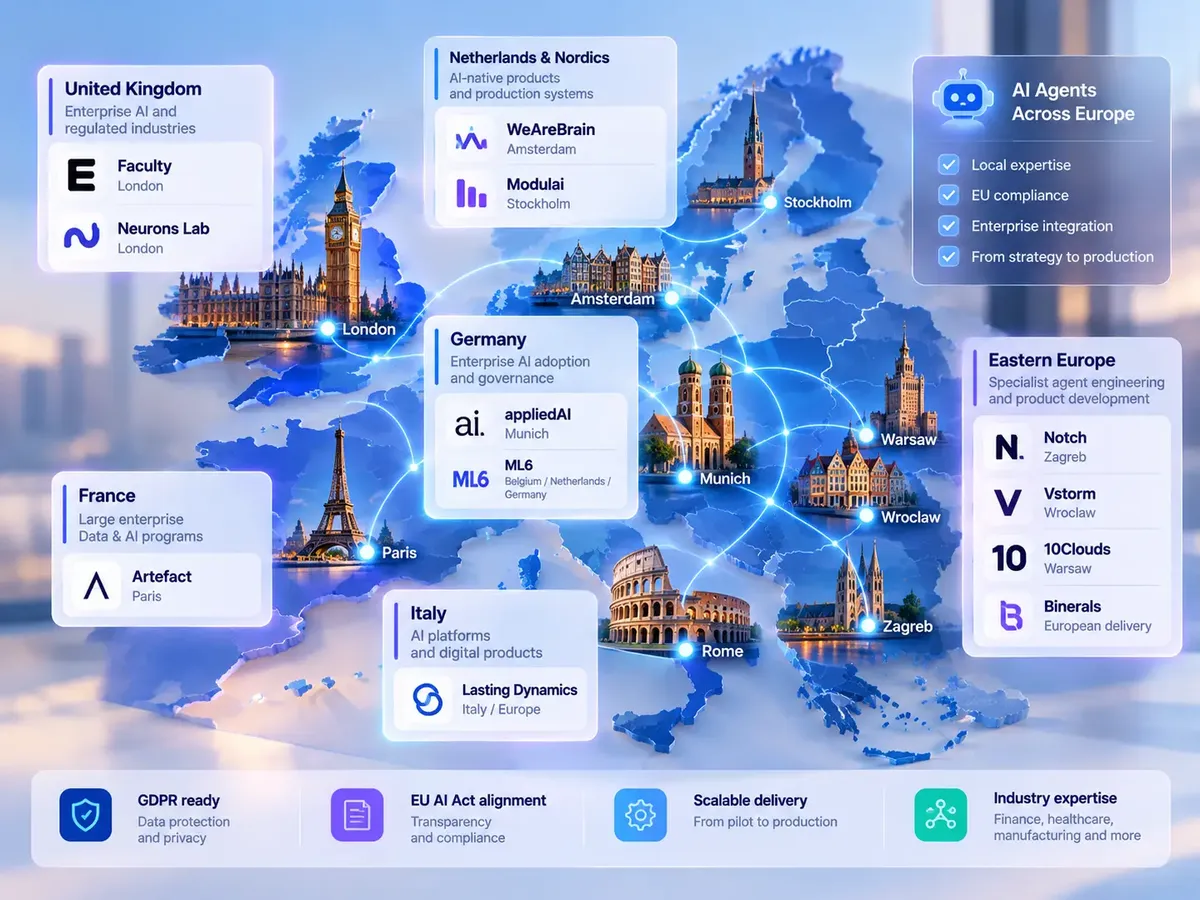 Map of AI agent development companies across Europe and the UK, showing Faculty and Neurons Lab in London, appliedAI in Munich, ML6 across Belgium, the Netherlands and Germany, WeAreBrain in Amsterdam, Modulai in Stockholm, Artefact in Paris, Lasting Dynamics in Italy, and Notch, Vstorm, 10Clouds and Binerals in Eastern Europe. The infographic compares regional AI development strengths and highlights GDPR readiness, EU AI Act alignment, enterprise integration, scalable delivery from pilot to production, and industry expertise in finance, healthcare and manufacturing.