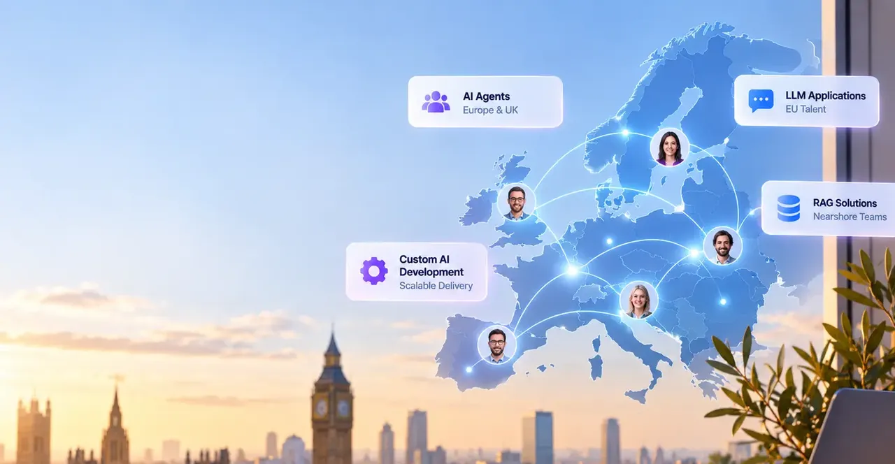 AI agent development in Europe and the UK, illustrated by a connected European technology network with AI agents, LLM applications, RAG solutions, and custom AI development.