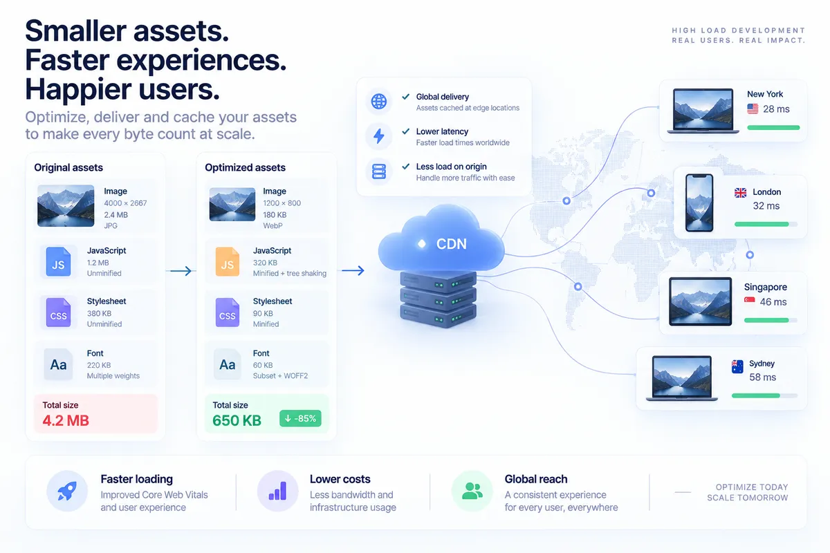 Frontend asset optimization workflow for high-load applications showing how compressed images, smaller JavaScript and CSS bundles, optimized fonts, and CDN edge delivery reduce page weight, latency, bandwidth usage, and origin server load for users worldwide.